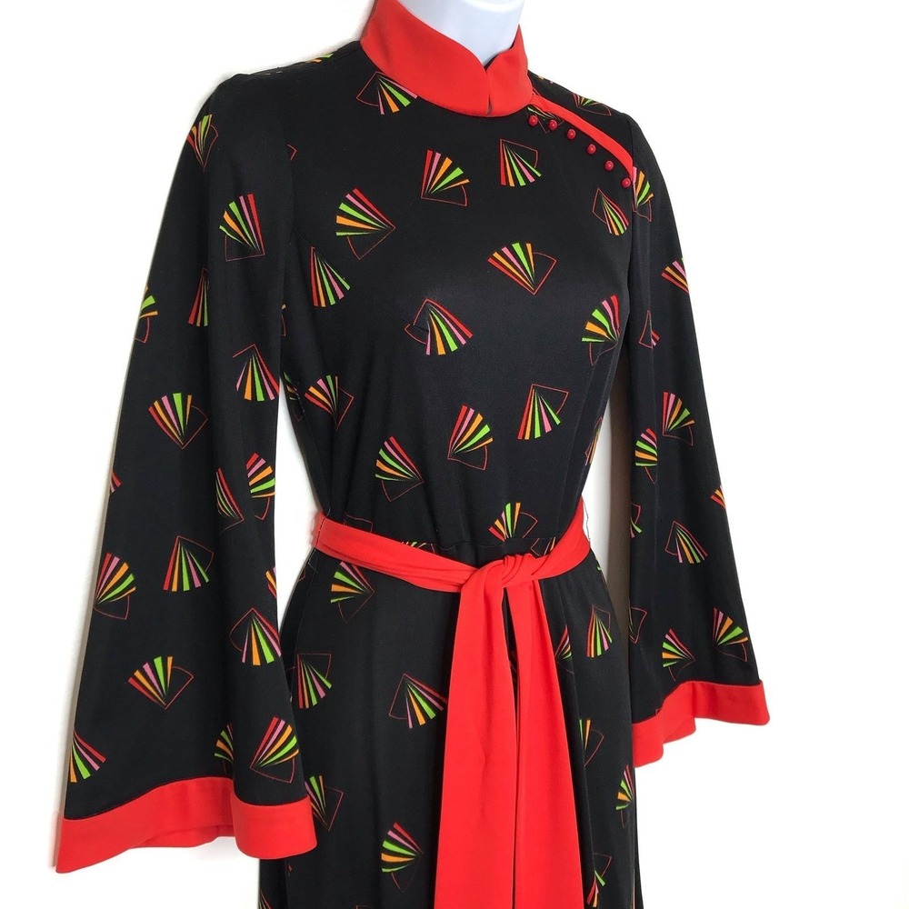 vintage 1970s maxi dress kimono style Asian fan novelty print - Picture 2 of 10